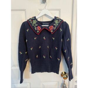 Vintage Herman Geist Hand Embroidered Navy Collared Floral Sweater sz M